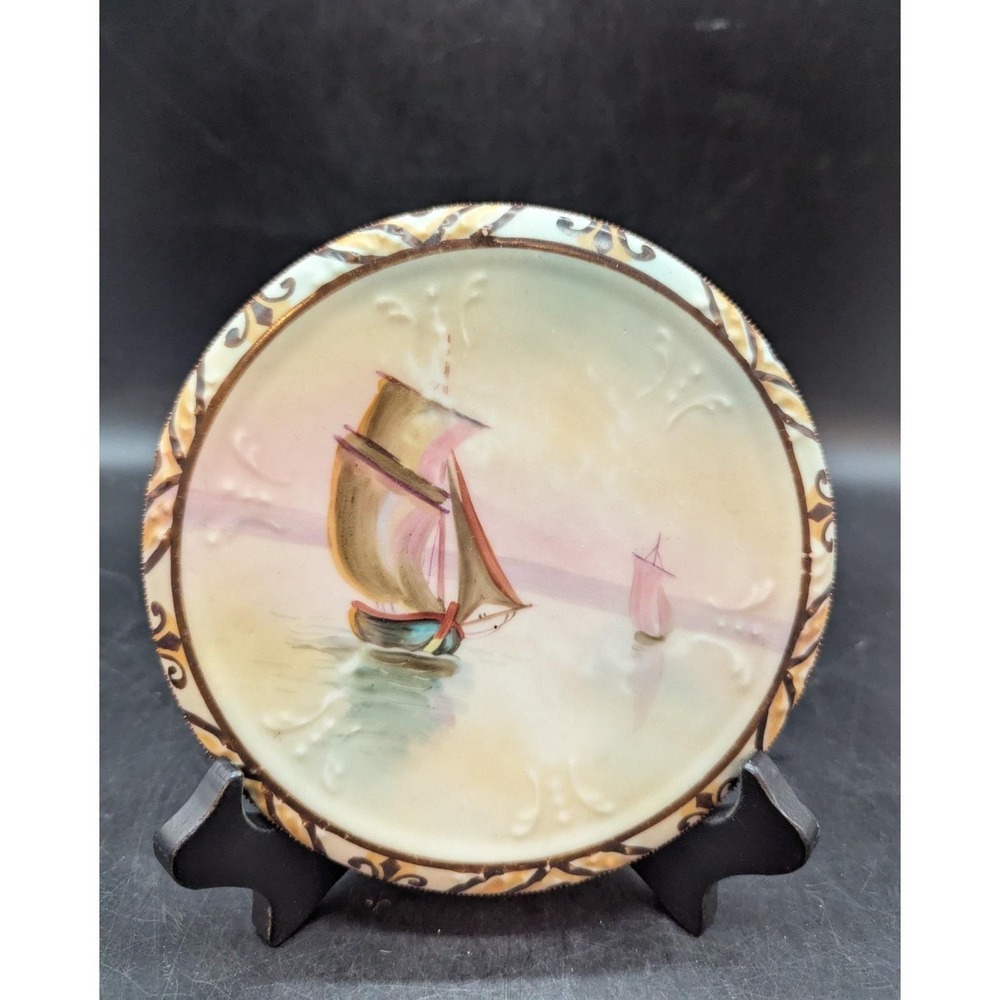Antique Hand Painted Nippon Porcelain Trivet Sailboat Nautical Embossed 6"